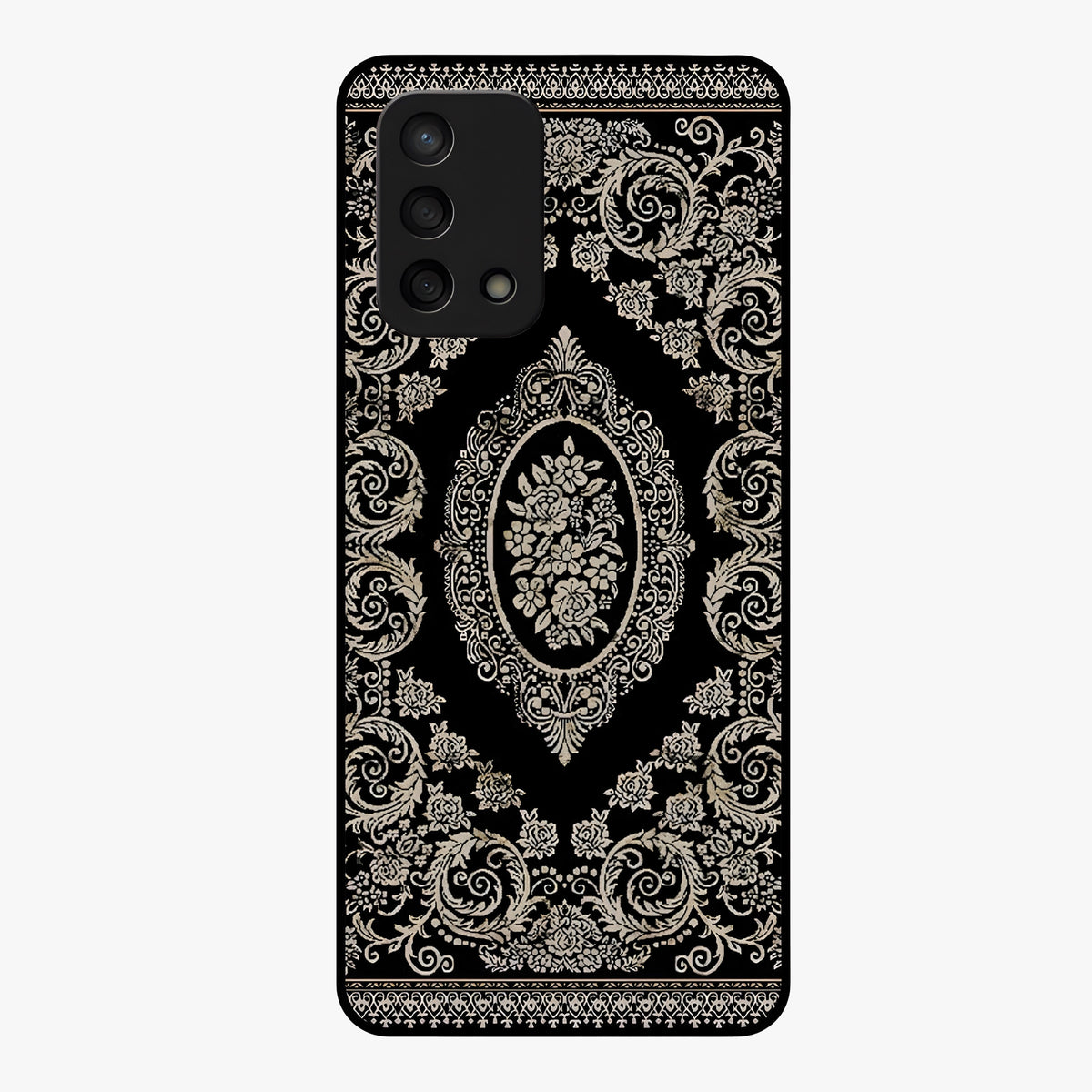 Noir Bloom Elegance Glass Case showing flat back view with elegant dark floral artwork and glossy glass finish.
