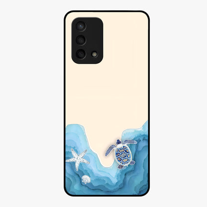Ocean Drift Turtle Glass Case showing flat back view with sea turtle artwork and glossy glass finish.
