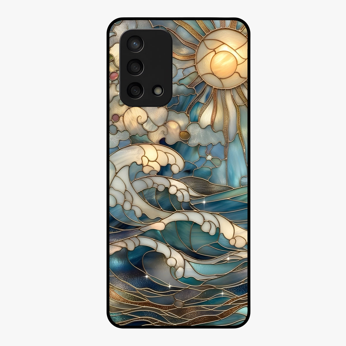 Oceanic Stained Printed Glass Case showing flat back view with ocean inspired stained pattern artwork and glossy glass finish.