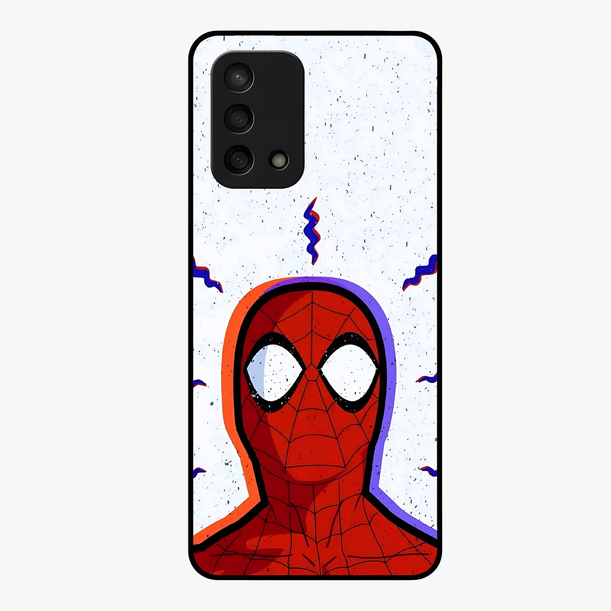 Omg Spiderman Glass Case showing flat back view with bold superhero inspired artwork and glossy glass finish.