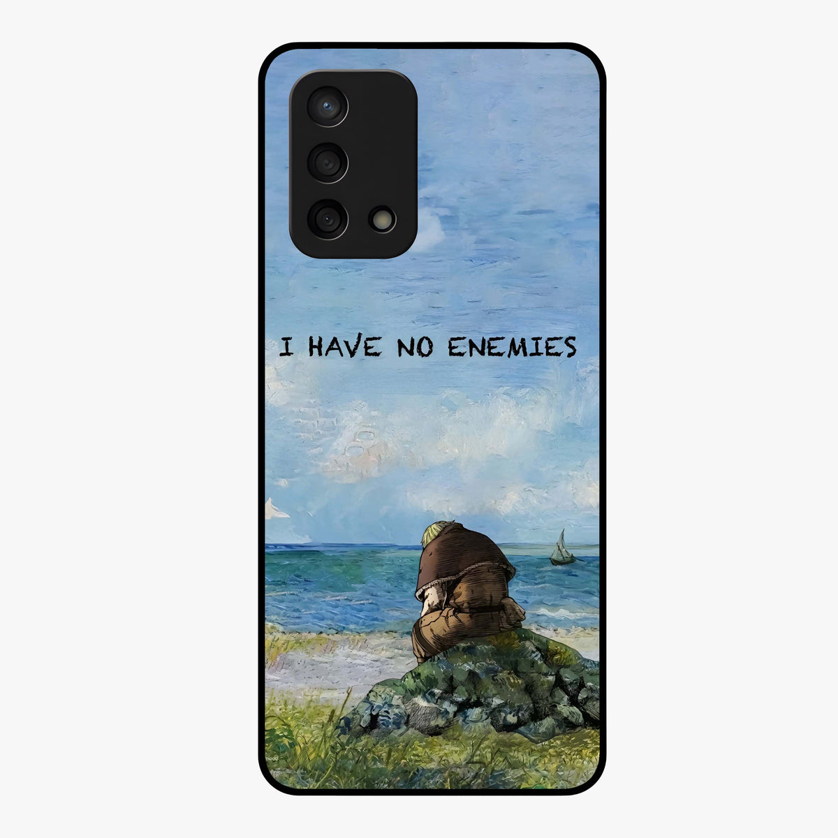 Peace Beyond War Glass Case showing flat back view with symbolic peace themed artwork and glossy glass finish.