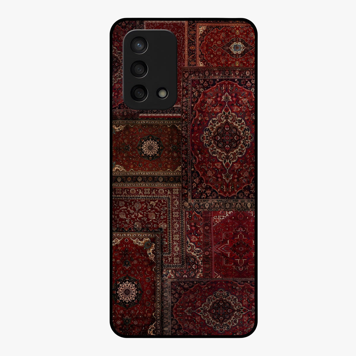 Persian Velvet Tale Glass Case showing flat back view with luxurious Persian velvet pattern artwork and glossy glass finish.