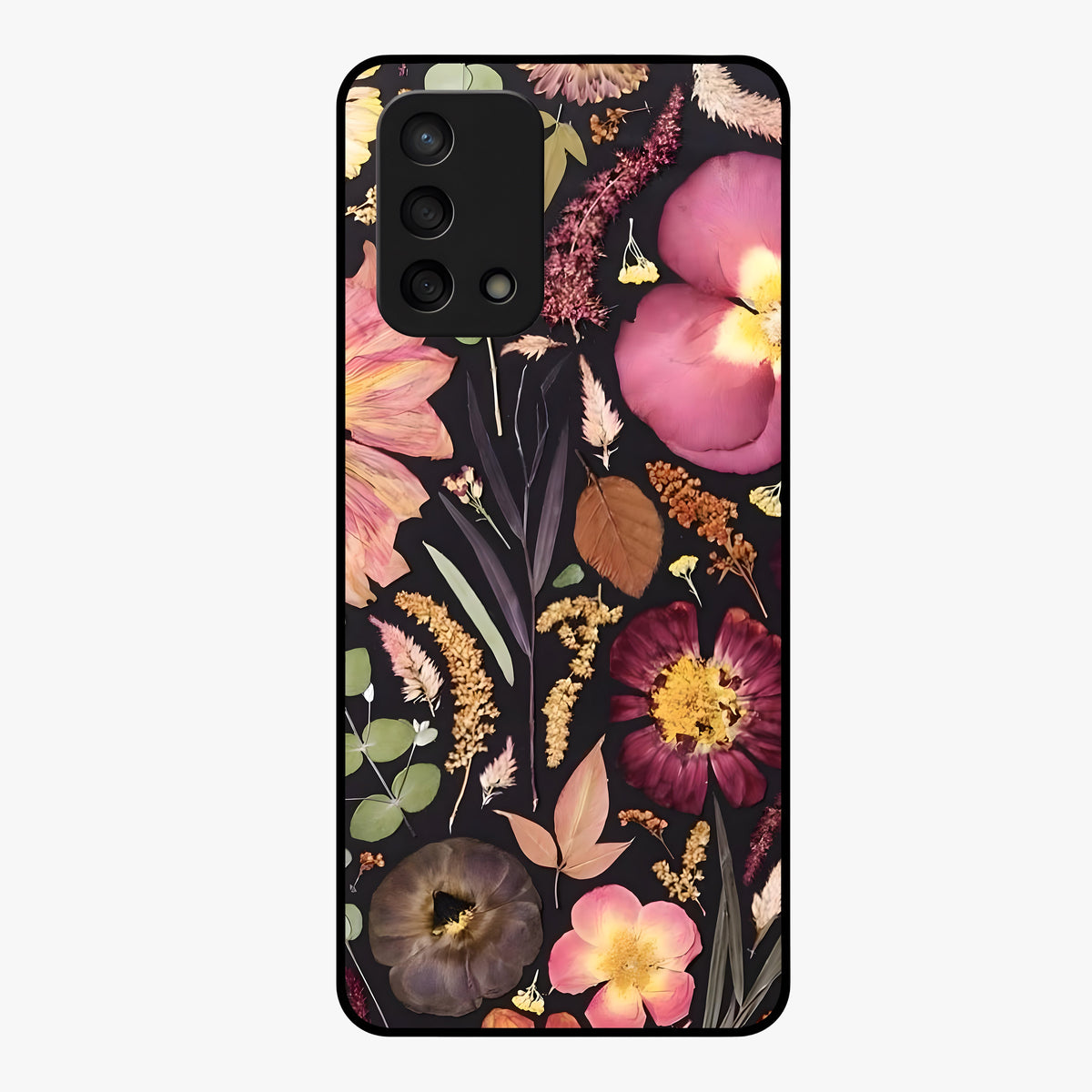 Petal Dream Tapestry Glass Case showing flat back view with intricate floral tapestry artwork and glossy glass finish.