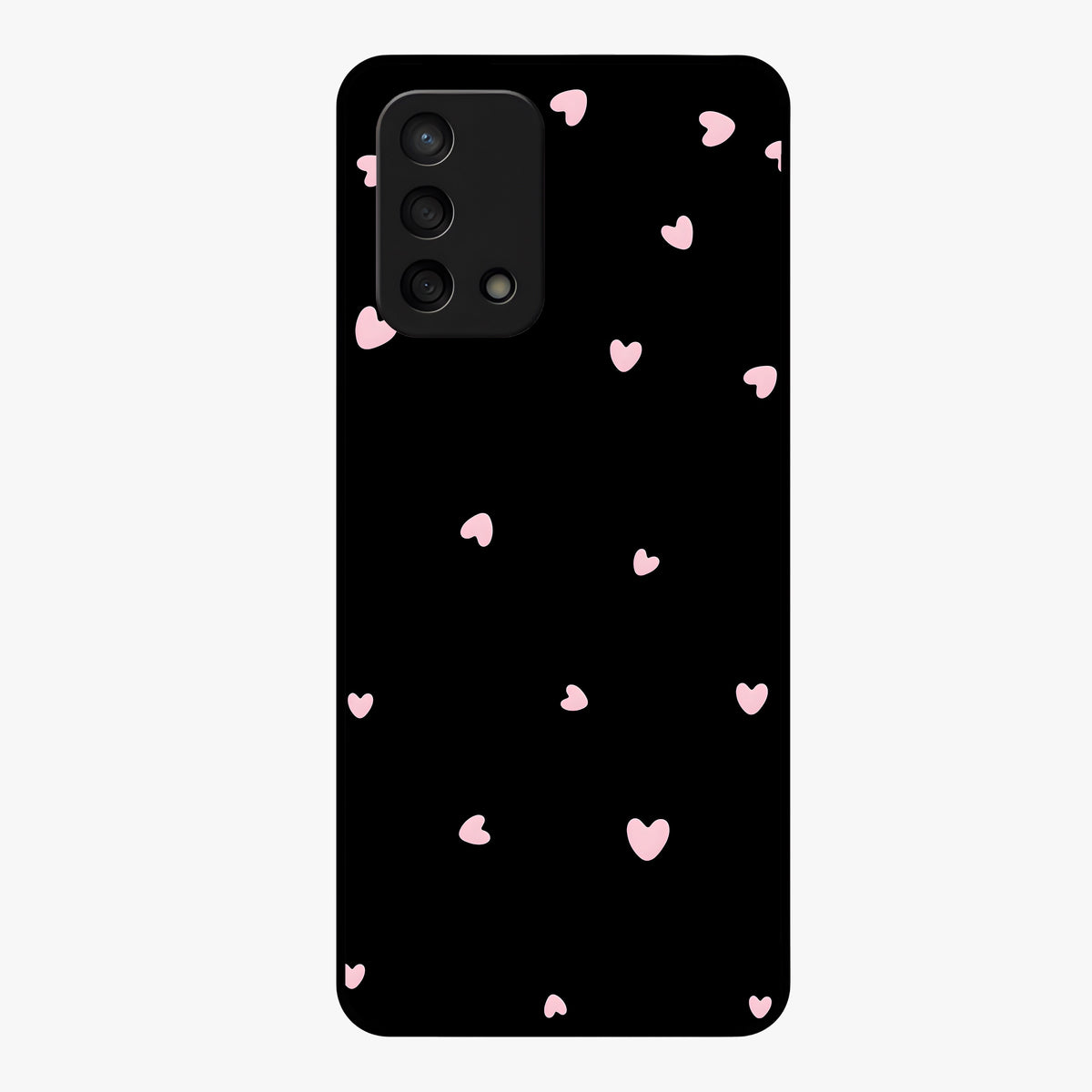 Pink Love Drops Glass Case showing flat back view with playful pink heart drops artwork and glossy glass finish.