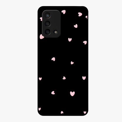 Pink Love Drops Glass Case showing flat back view with playful pink heart drops artwork and glossy glass finish.