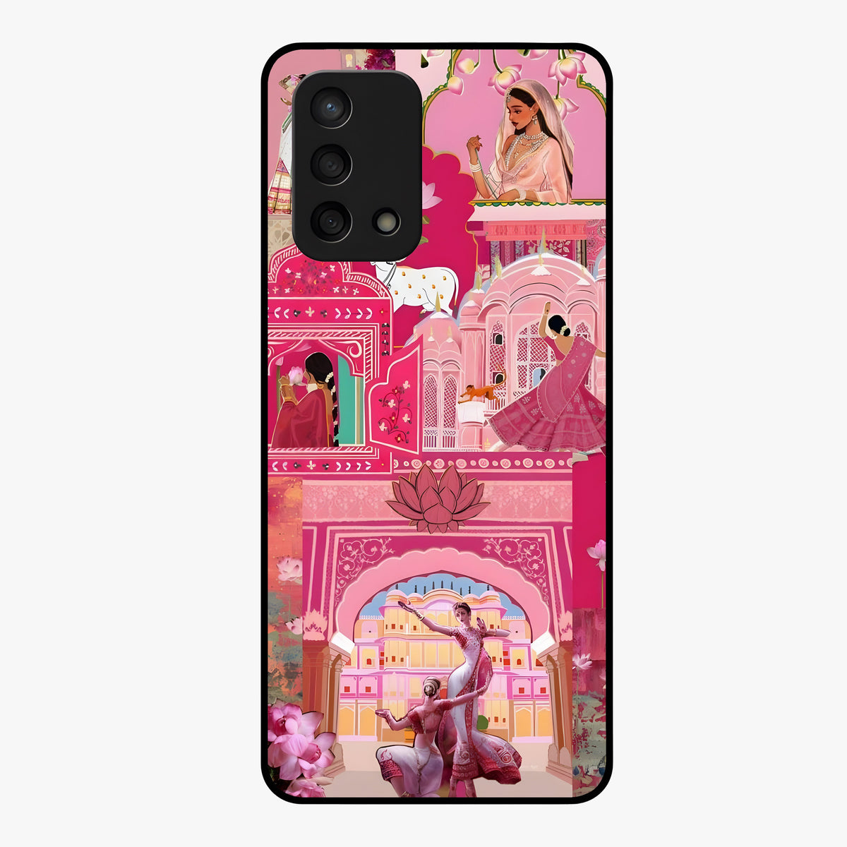 Pink Palace Muse Glass Case showing flat back view with elegant palace inspired artwork and glossy glass finish.