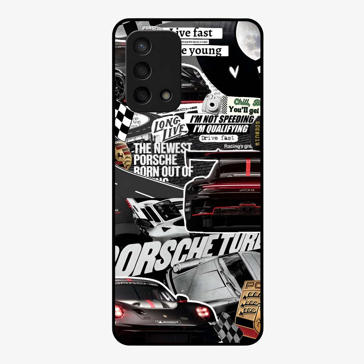 Porsche Racing Collage Glass Case showing flat back view with sports car racing collage artwork and glossy glass finish.
