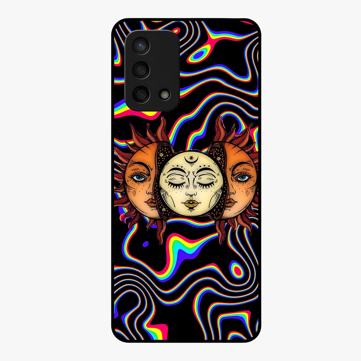 Psychedelic Sun Glass Case showing flat back view with colorful psychedelic sun artwork and glossy glass finish.