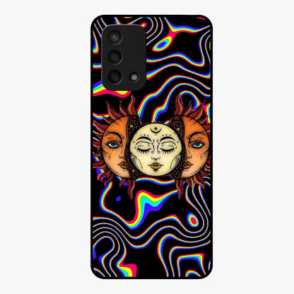 Psychedelic Sun Glass Case showing flat back view with colorful psychedelic sun artwork and glossy glass finish.