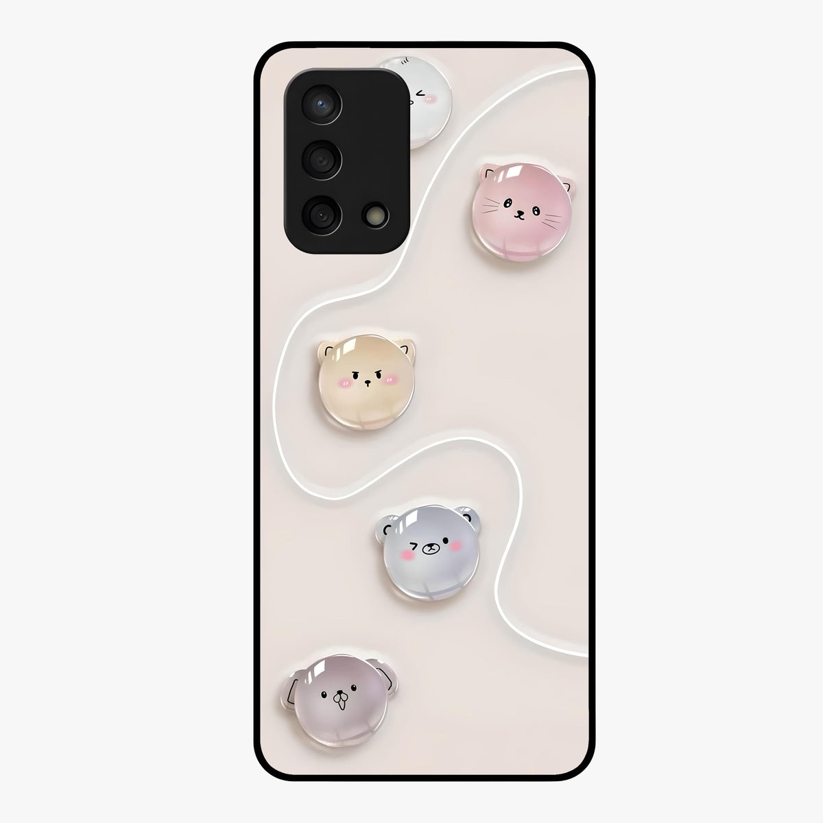 Puffy Face Parade Glass Case showing flat back view with cute puffy character faces artwork and glossy glass finish.