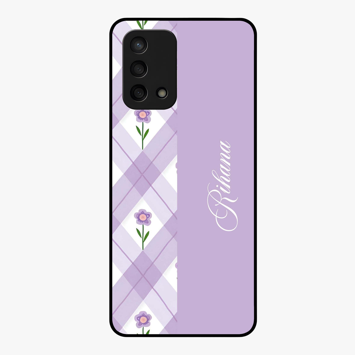 Purple Diamond Floral Glass Case showing flat back view with diamond shaped floral artwork and glossy glass finish.