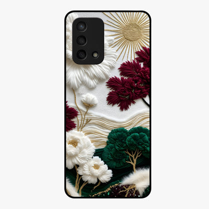 Radiant Bloom Elegance Glass Case showing flat back view with elegant blooming flower artwork and glossy glass finish.