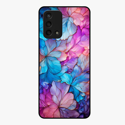 Radiant Floral Whirl Glass Case showing flat back view with swirling floral artwork and glossy glass finish.