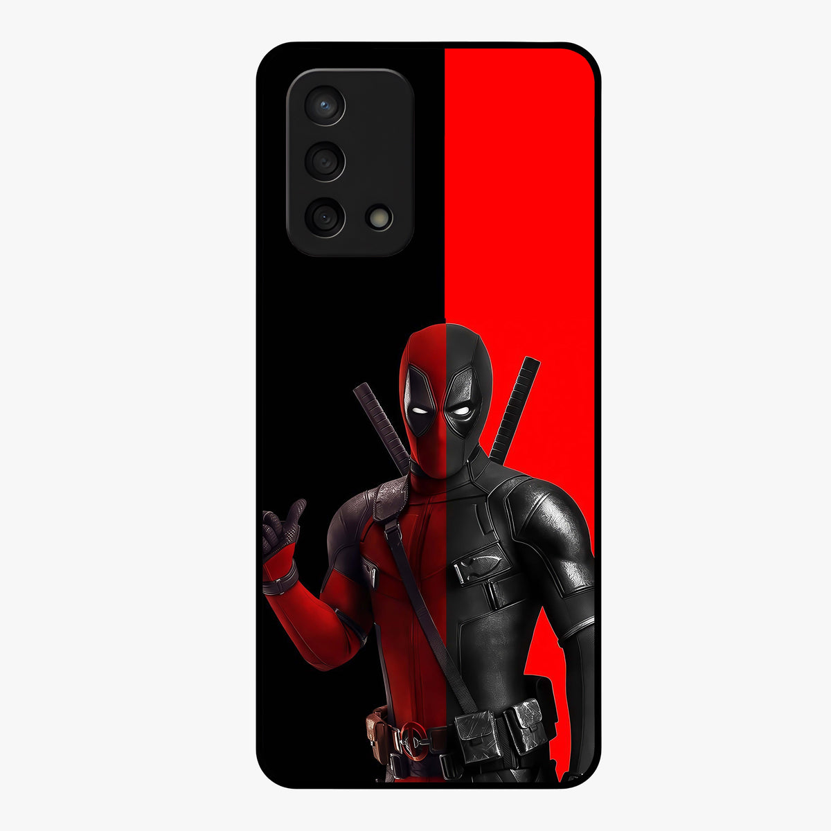 Red & Black Deadpool Theme Glass Case showing flat back view with bold comic inspired artwork and glossy glass finish.