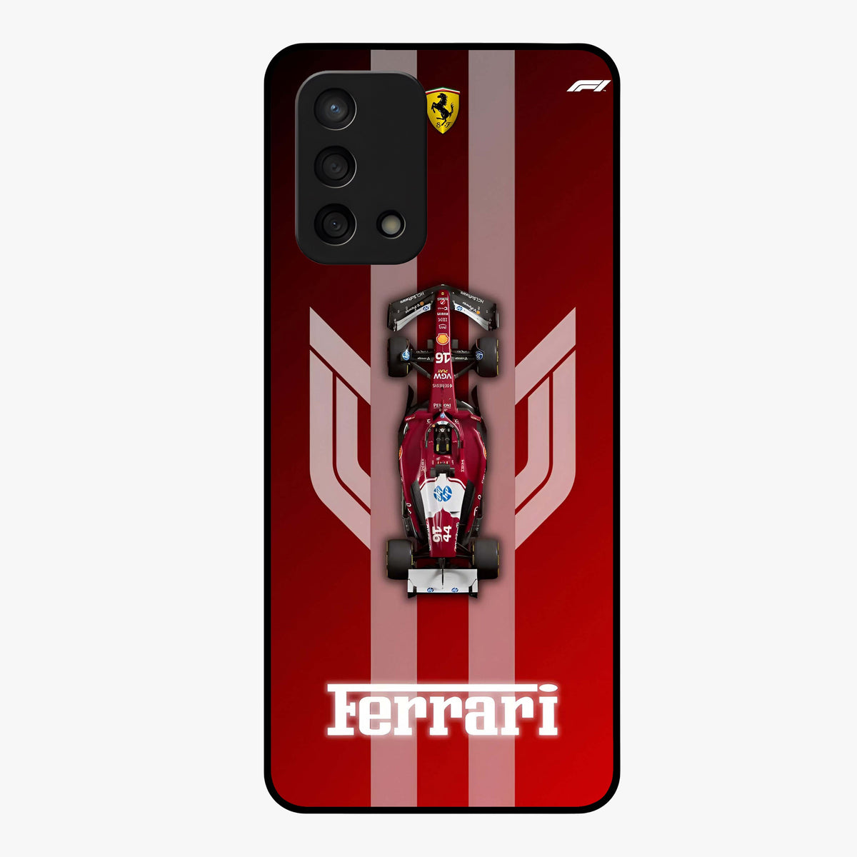 Red Ferrari F1 Vertical Glass Case showing flat back view with sleek Formula racing car artwork and glossy glass finish.