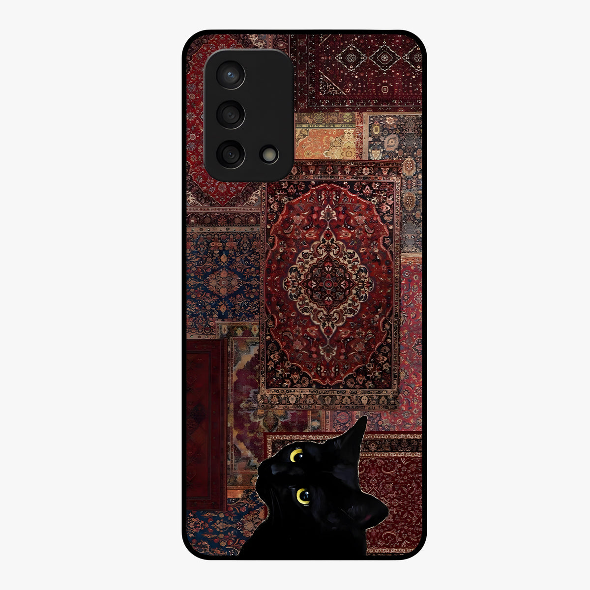Regal Magic Cat Apple Glass Case showing flat back view with magical cat artwork holding apple and glossy glass finish.