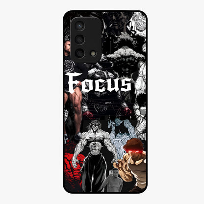 Relentless Power Focus Glass Case showing flat back view with motivational typography artwork and glossy glass finish.