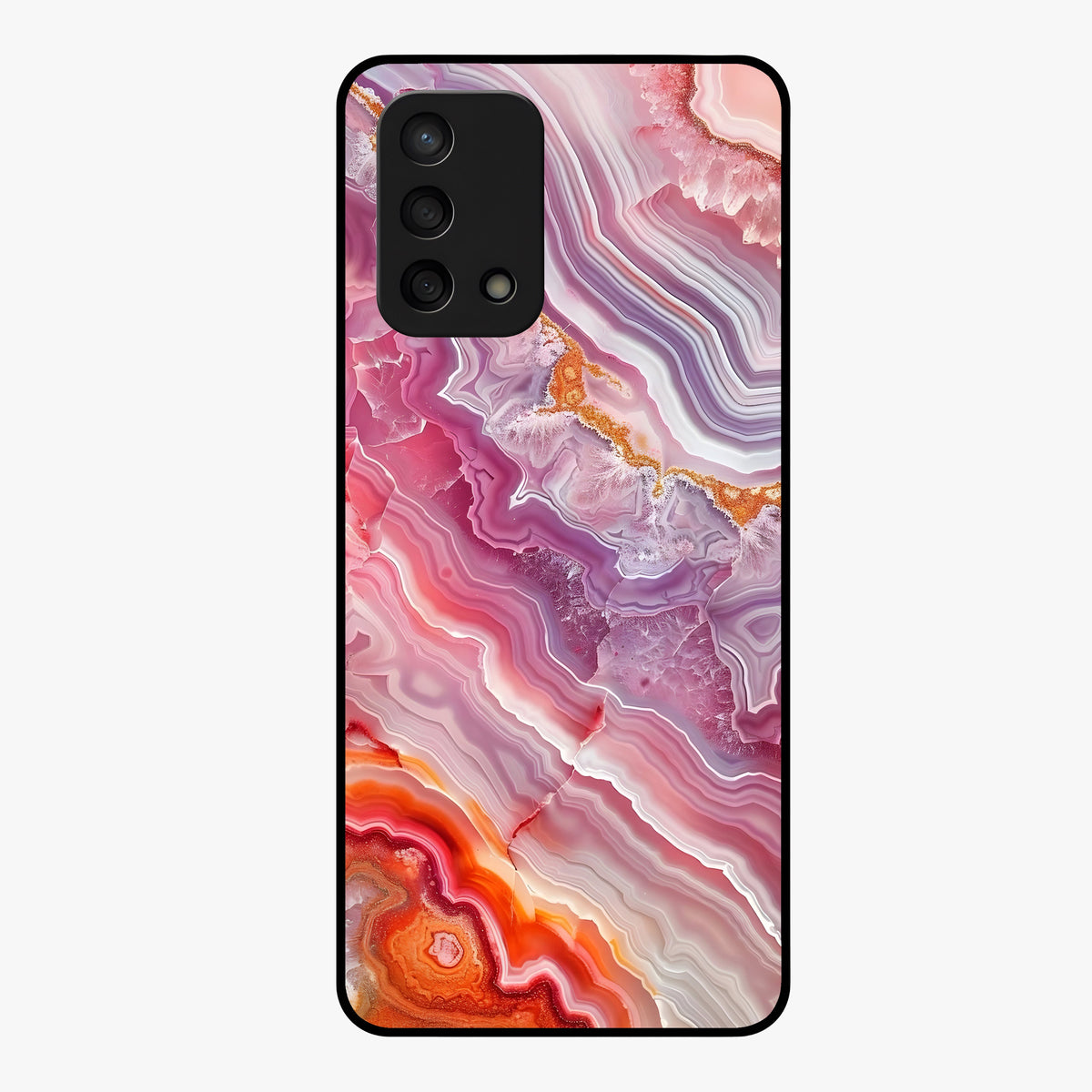 Rose Quartz Marble Glass Case showing flat back view with pink marble quartz texture artwork and glossy glass finish.