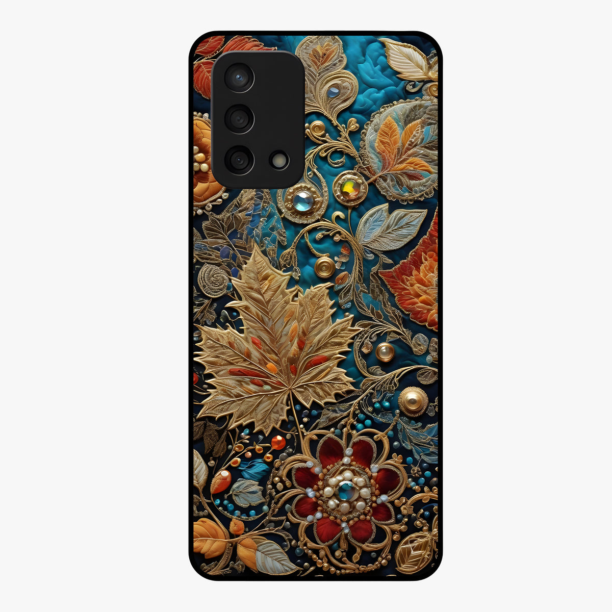Royal Jewel Garden Glass Case showing flat back view with decorative floral garden artwork and glossy glass finish.