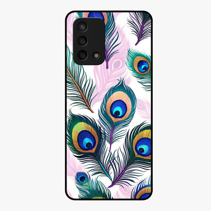 Royal Peacock Feathers Glass Case showing flat back view with colorful peacock feather artwork and glossy glass finish.