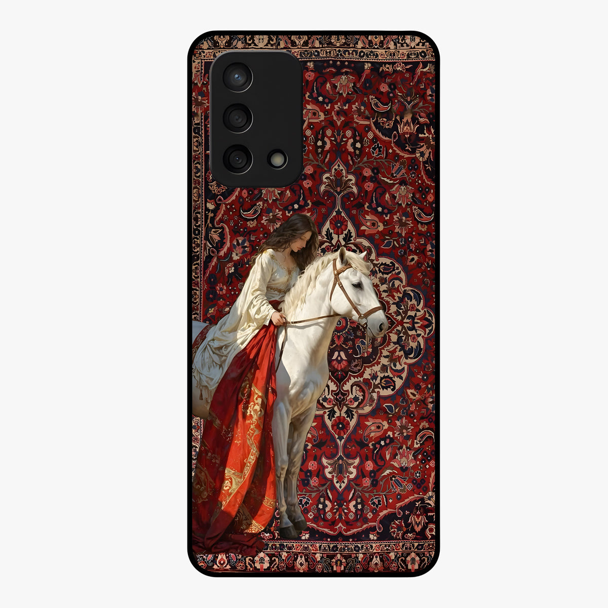 Royal Rider Tapestry Glass Case showing flat back view with majestic horse rider tapestry artwork and glossy glass finish.