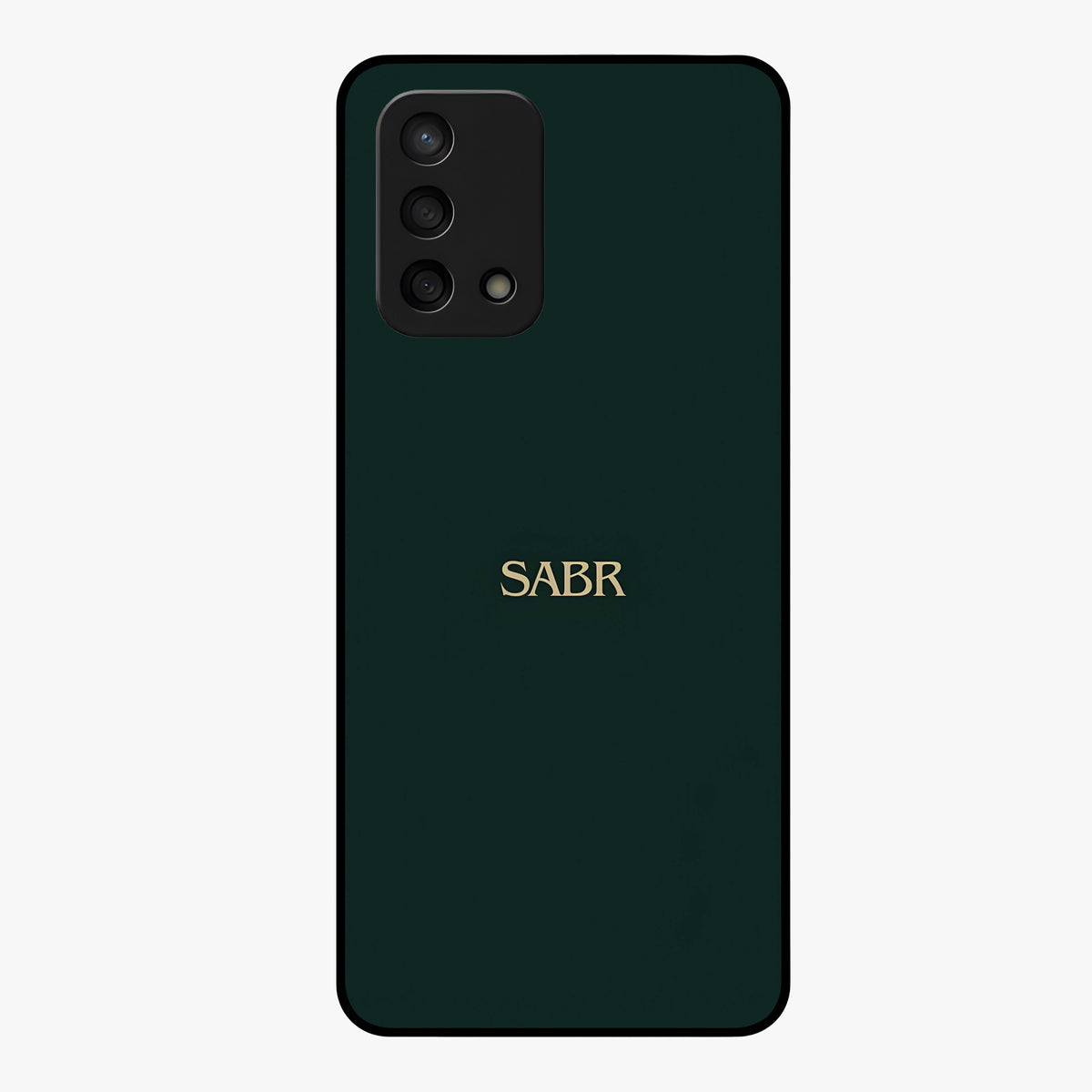 Sabr Minimal Patience Glass Case showing flat back view with minimalist typography artwork and glossy glass finish.