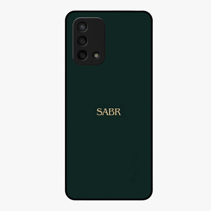 Sabr Minimal Patience Glass Case showing flat back view with minimalist typography artwork and glossy glass finish.