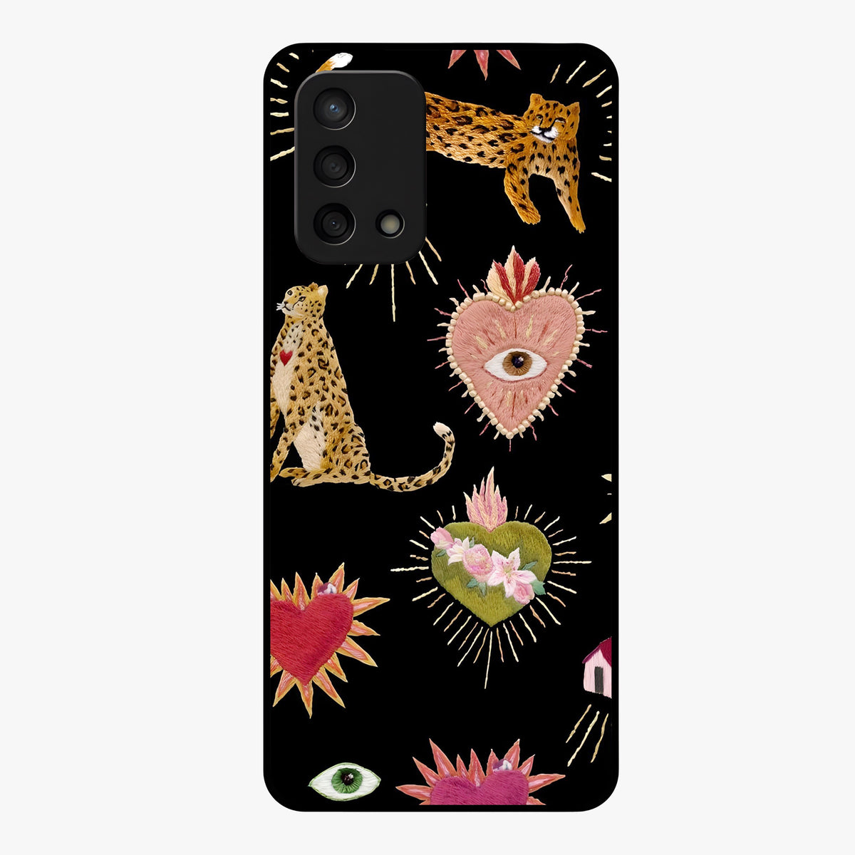 Sacred Jungle Heart Glass Case showing flat back view with jungle inspired heart artwork and glossy glass finish.