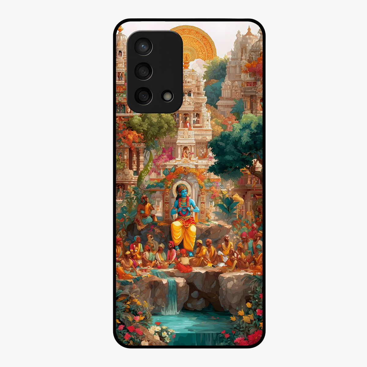 Sacred Sunlight Gods Glass Case showing flat back view with divine sunlight themed artwork and glossy glass finish.