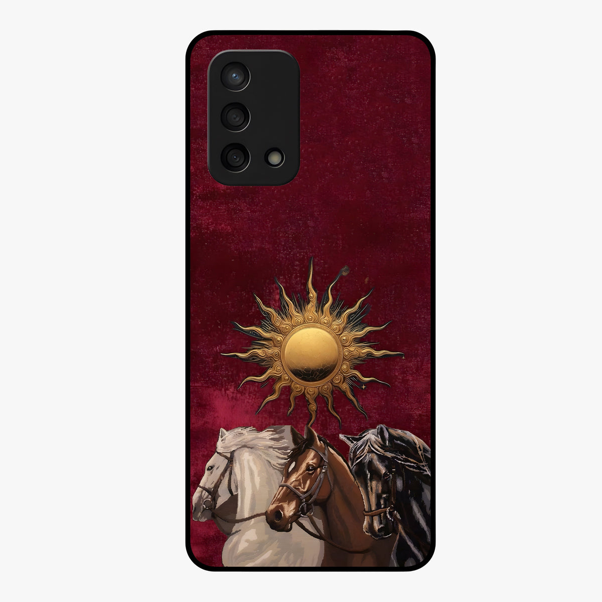 Solar Riders Glass Case showing flat back view with dynamic rider themed artwork and glossy glass finish.