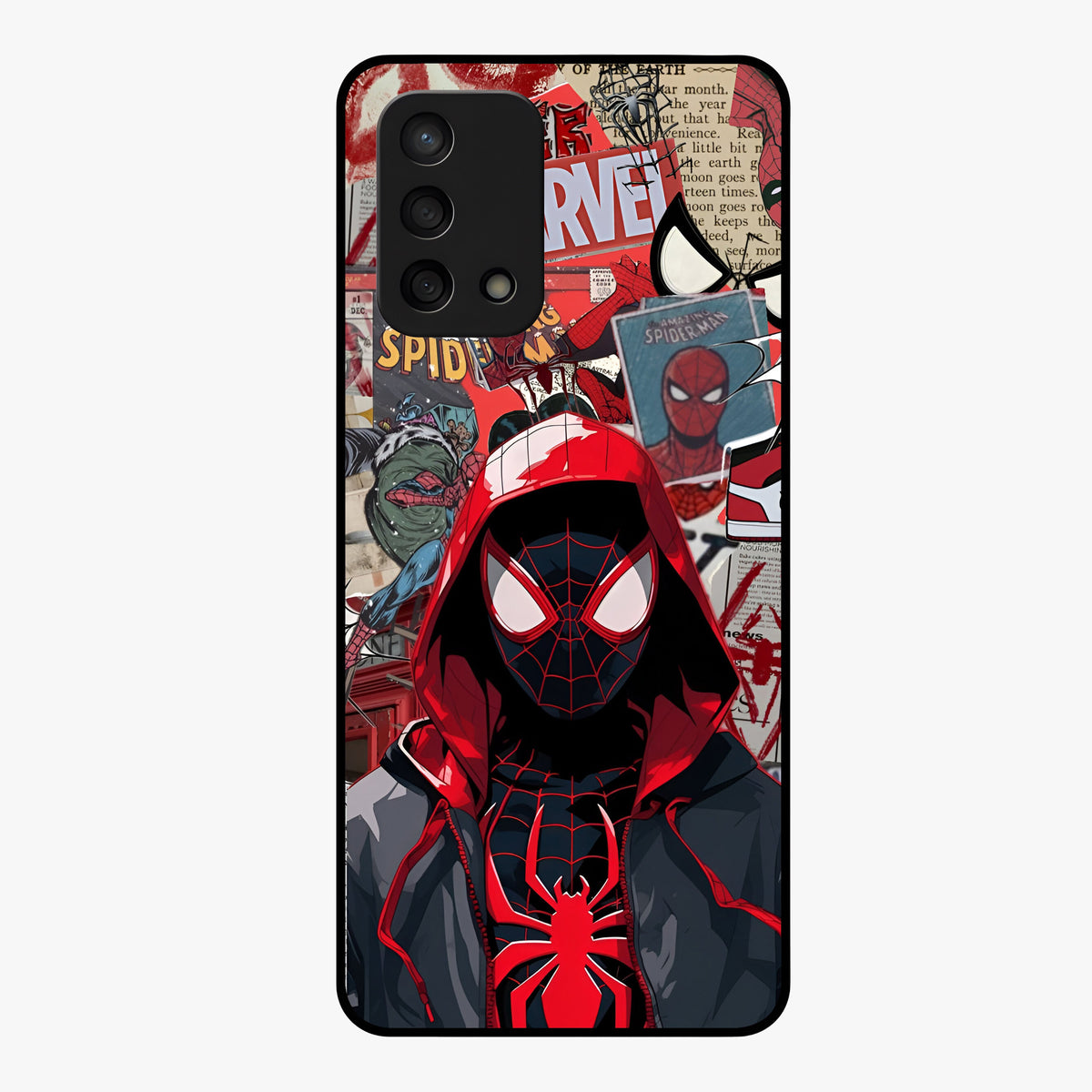 Spider Collage Street Glass Case showing flat back view with vibrant superhero collage artwork and glossy glass finish.