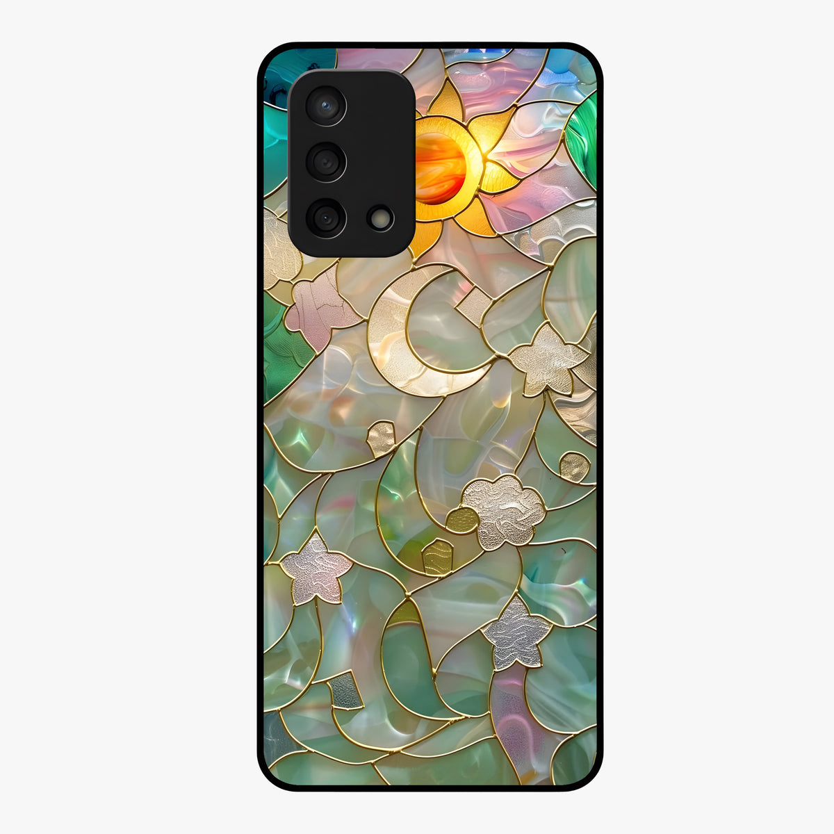 Stained Sunrise Glow Glass Case showing flat back view with glowing sunrise stained pattern artwork and glossy glass finish.