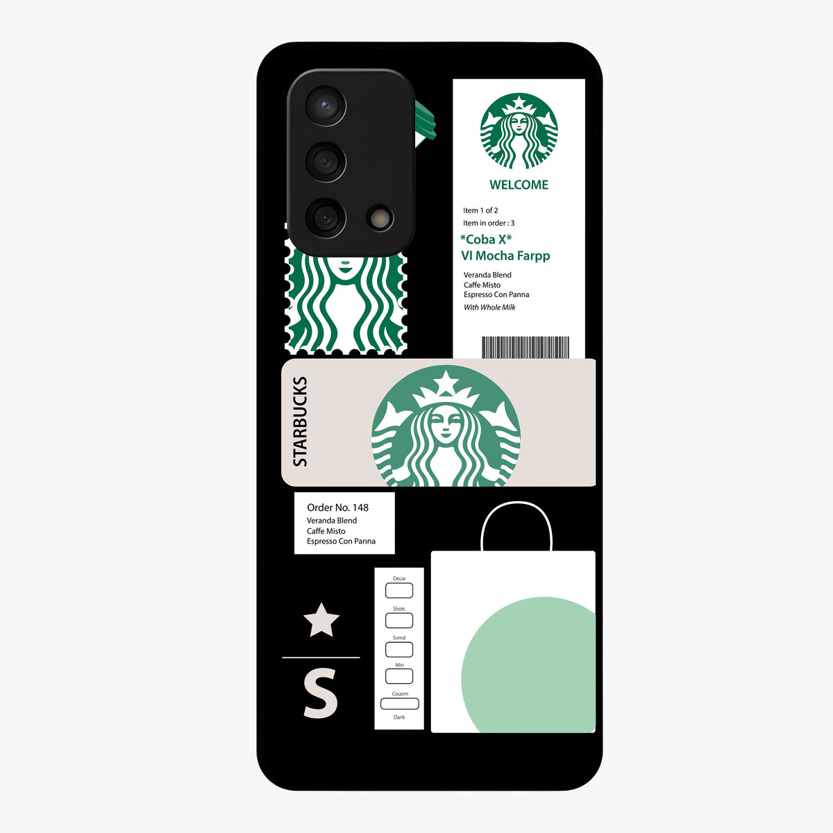 Starbucks Mocha Glass Case showing flat back view with coffee inspired artwork and glossy glass finish.