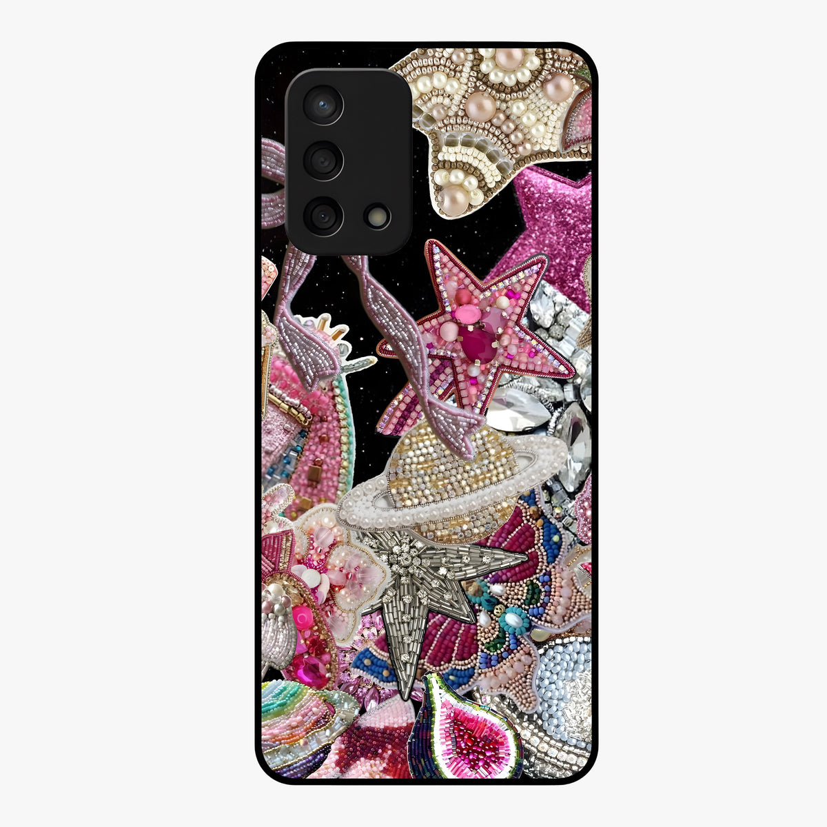 Starlit Jewel Dream Glass Case showing flat back view with sparkling jewel and star themed artwork and glossy glass finish.