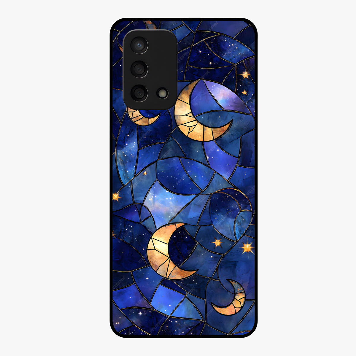 Starlit Sky Tapestry Glass Case showing flat back view with decorative starry sky tapestry artwork and glossy glass finish.