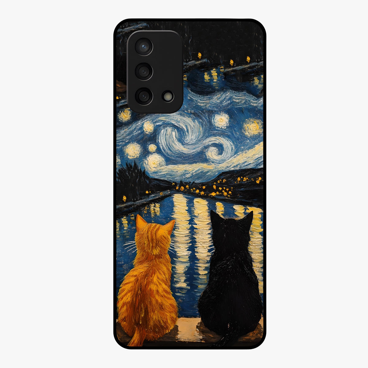 Starry River Cats Glass Case showing flat back view with cats by a starry river artwork and glossy glass finish.