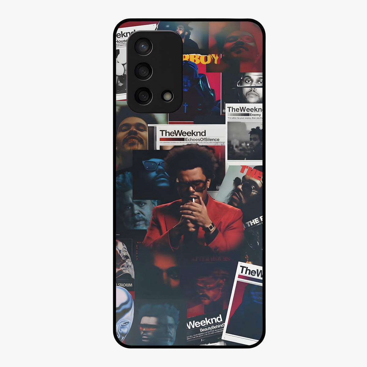The Weeknd Glass Case showing flat back view with music inspired artistic portrait artwork and glossy glass finish.