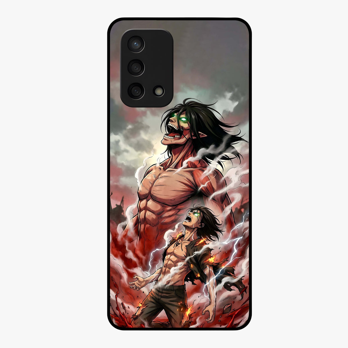 Titan Awakening Fury Glass Case showing flat back view with powerful titan inspired artwork and glossy glass finish.