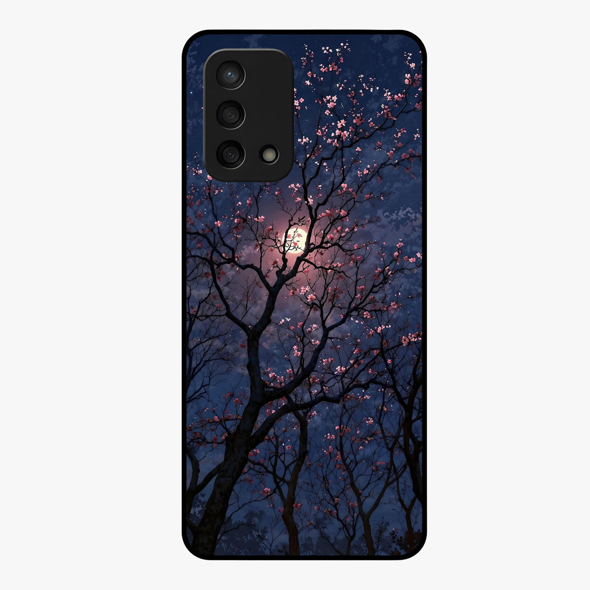 Twilight Sakura Serenade Glass Case showing flat back view with cherry blossom artwork at twilight and glossy glass finish.