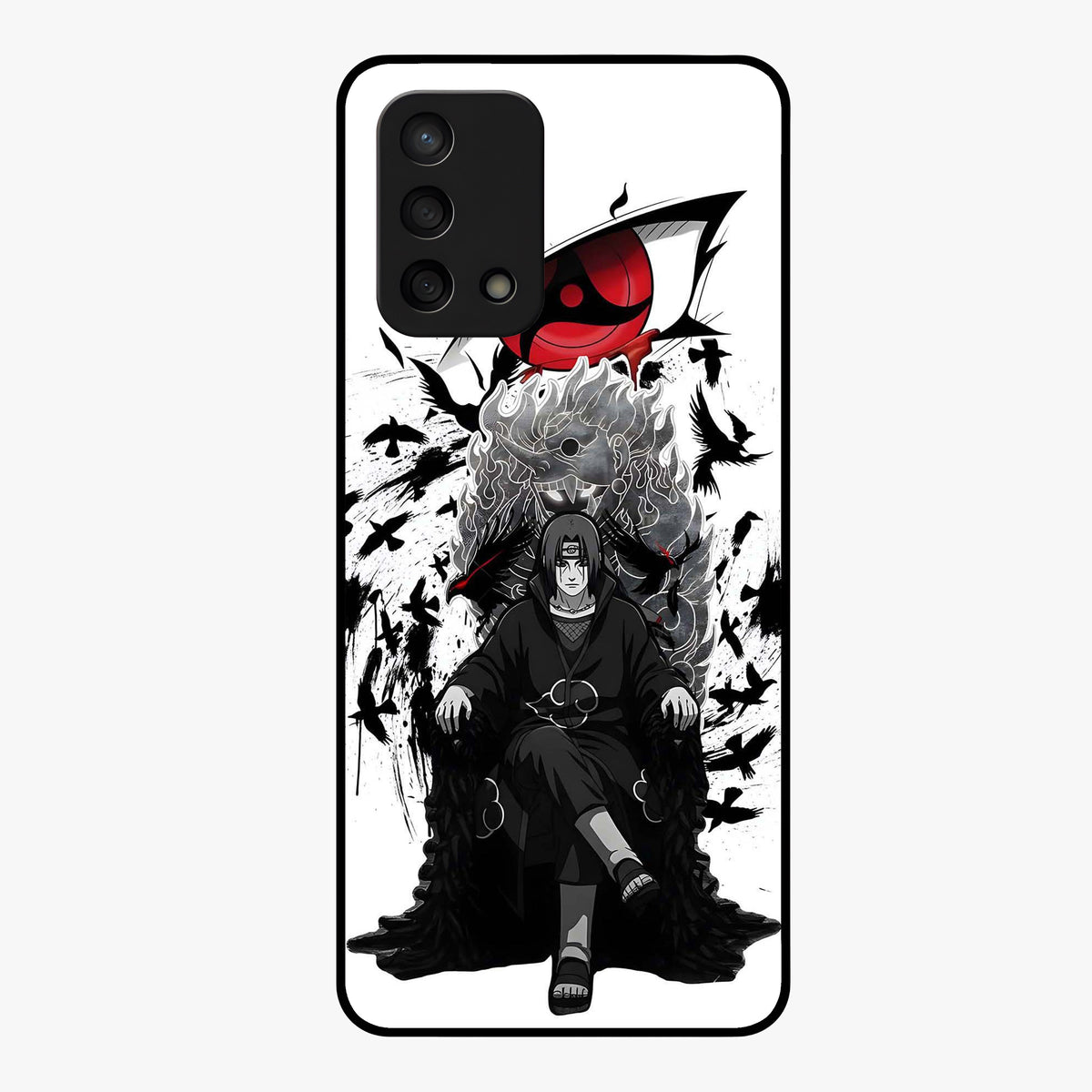 Uchiha Shadow Throne Glass Case showing flat back view with cosmic underwater themed artwork and glossy glass finish.