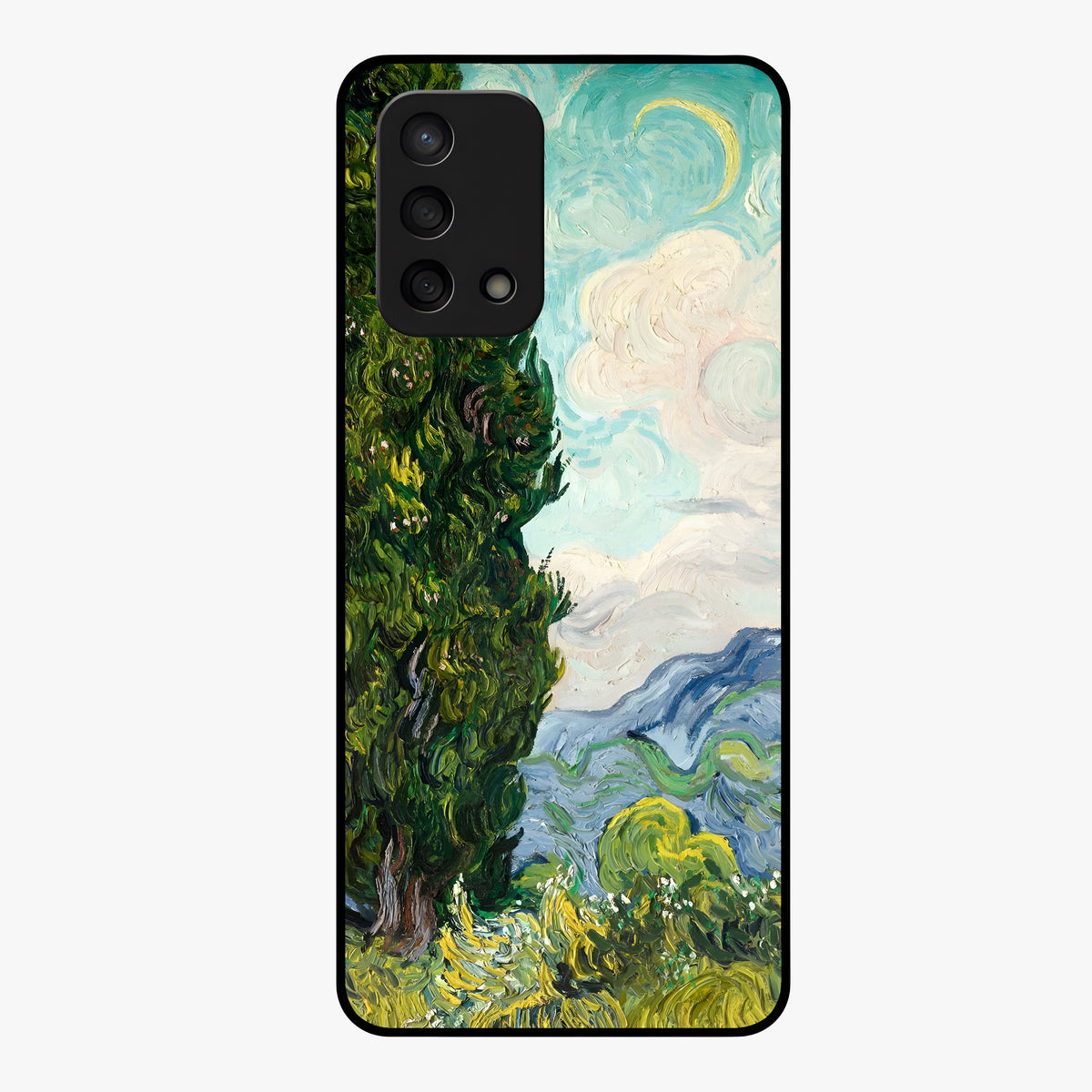 Van Gogh Vintage Art Glass Case showing flat back view with vintage painterly artwork inspired by Van Gogh style and glossy glass finish.