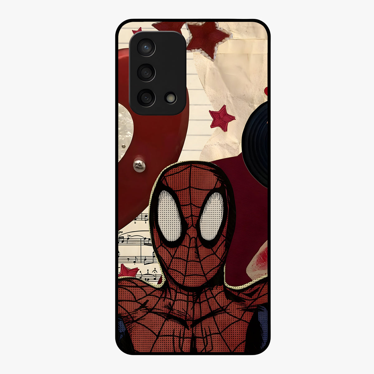 Web Warrior Vibes Glass Case showing flat back view with superhero inspired web themed artwork and glossy glass finish.