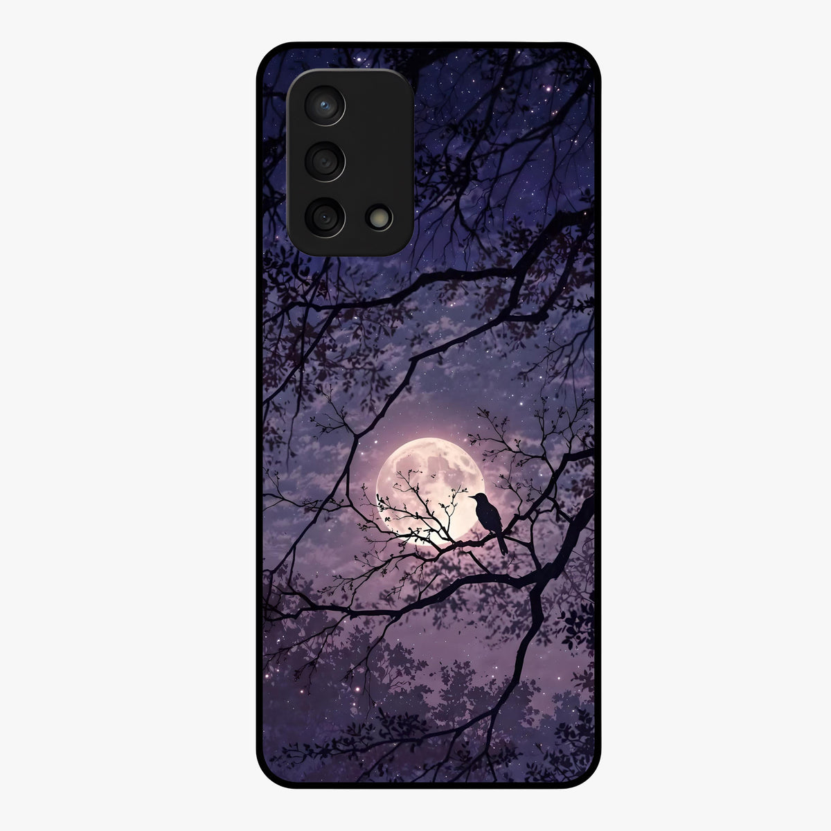 Whispering Moon Silence Glass Case showing flat back view with serene moon themed artwork and glossy glass finish.