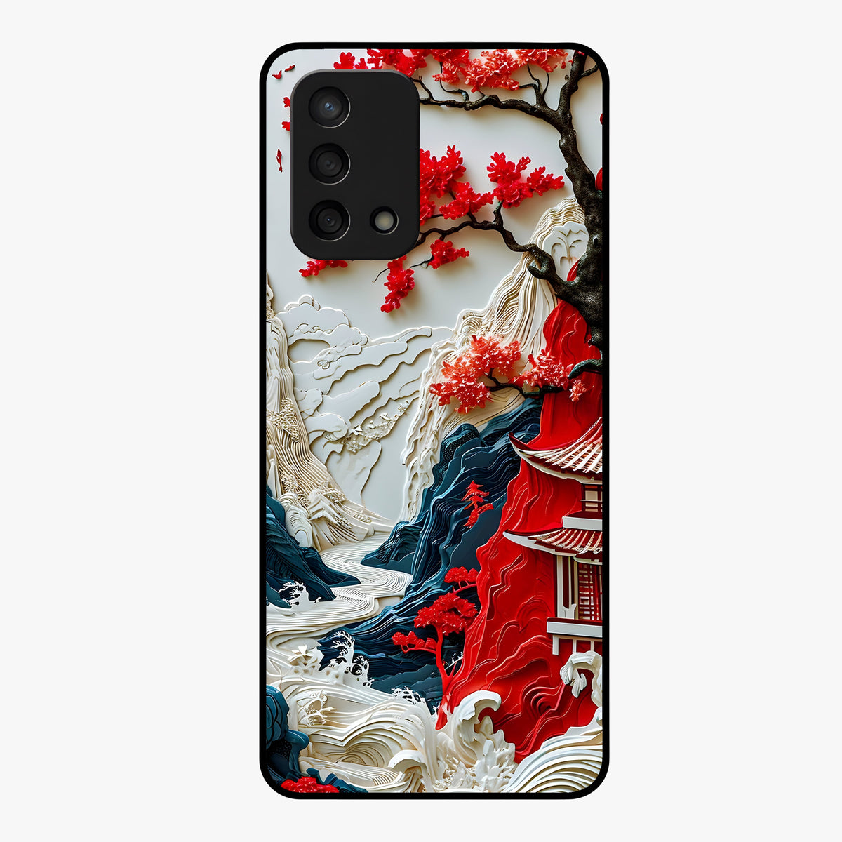 Whispers Of Sakura Waves Glass Case showing flat back view with cherry blossom wave artwork and glossy glass finish.