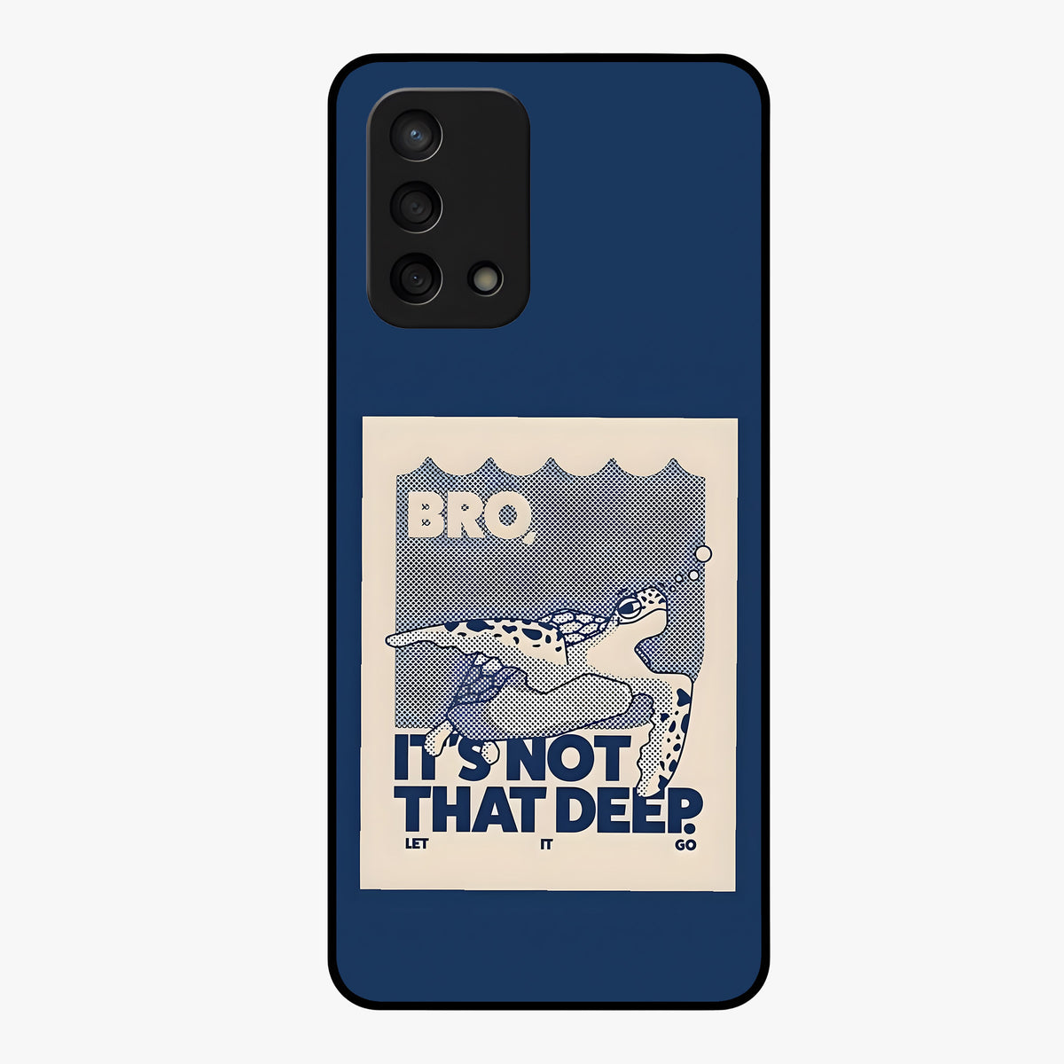 Worry Less Swim Glass Case showing flat back view with playful motivational artwork and glossy glass finish.
