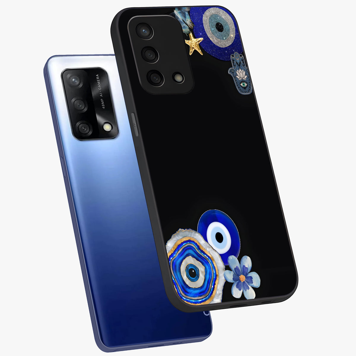 Aesthetic Blue Evil Eye Glass Case displayed in angled mockup highlighting blue evil eye symbol and spiritual aesthetic design.