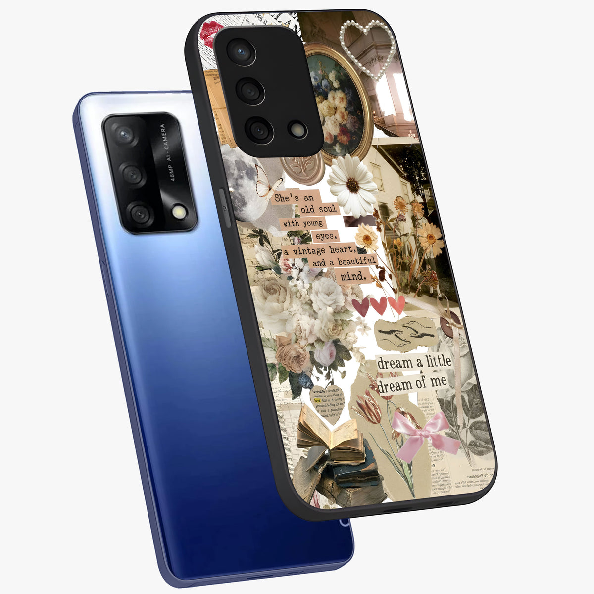 Aesthetic Brown Vintage Collage Glass Case displayed in angled mockup highlighting vintage aesthetic collage design.