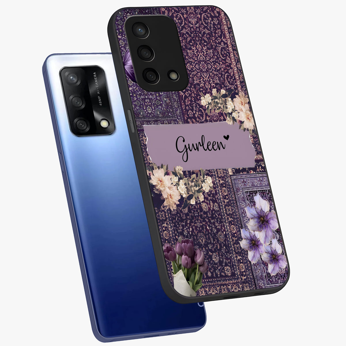 Antique Floral Whisper Custom Name Glass Case displayed in angled mockup highlighting elegant antique floral aesthetic.