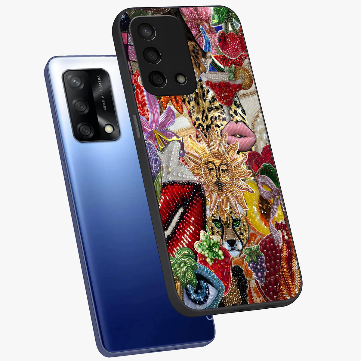Beaded Fashion Jungle Glass Case displayed in angled mockup highlighting colorful fashion bead design and artistic pattern.