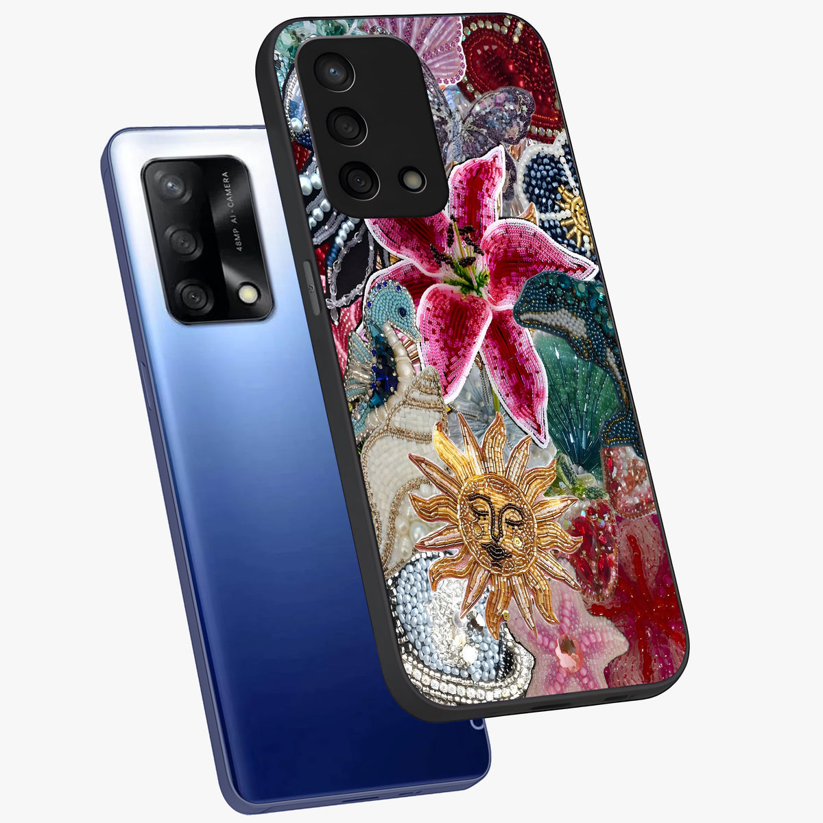 Beaded Garden Fantasy Glass Case displayed in angled mockup highlighting fantasy inspired floral bead pattern.